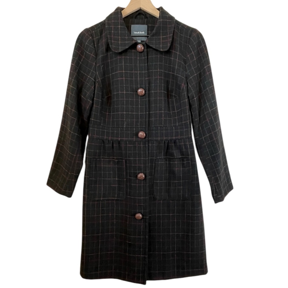 ModCloth Plaid Coat Size M Black Red Wool Blend Belted Preppy Academia Winter